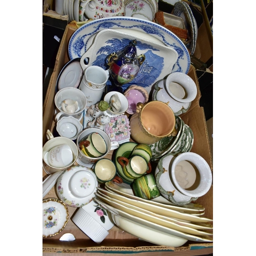 772 - FOUR BOXES OF CERAMICS, GLASS AND PICTURES ETC, to include seven Booths kidney shaped dishes, Shelle... 