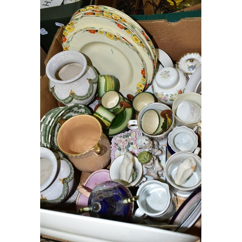 772 - FOUR BOXES OF CERAMICS, GLASS AND PICTURES ETC, to include seven Booths kidney shaped dishes, Shelle... 