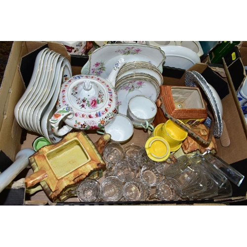 772 - FOUR BOXES OF CERAMICS, GLASS AND PICTURES ETC, to include seven Booths kidney shaped dishes, Shelle... 