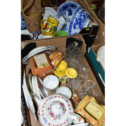 772 - FOUR BOXES OF CERAMICS, GLASS AND PICTURES ETC, to include seven Booths kidney shaped dishes, Shelle... 