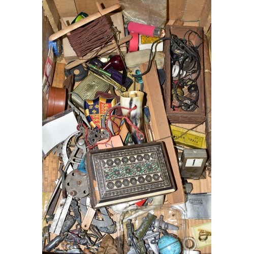 775 - A BOX OF SUNDRY ITEMS ETC, to include metal calipers, steel rule and protactor, steel punches, drill... 