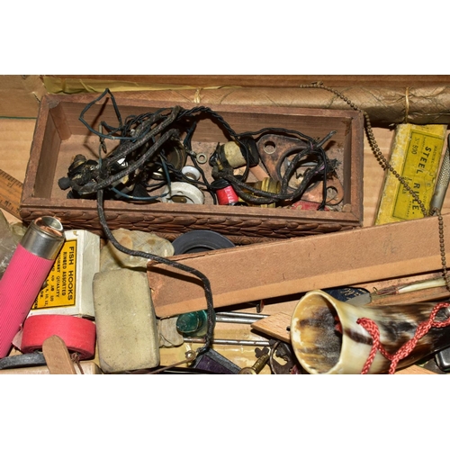 775 - A BOX OF SUNDRY ITEMS ETC, to include metal calipers, steel rule and protactor, steel punches, drill... 