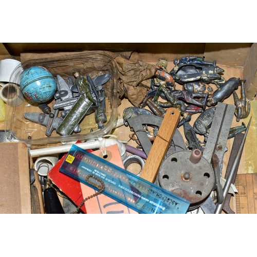 775 - A BOX OF SUNDRY ITEMS ETC, to include metal calipers, steel rule and protactor, steel punches, drill... 