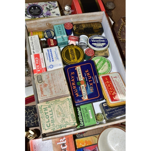 776 - A BOX OF ADVERTISING BOXES AND TINS ETC, to include OXO, Vaseline, Collotape, Nivea, first aid, perf... 