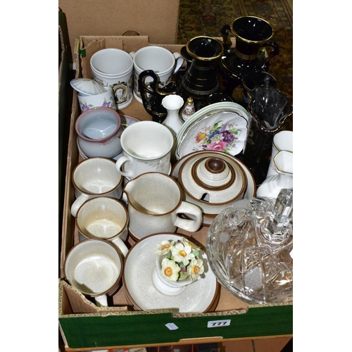 777 - A BOX OF CERAMICS AND GLASS, to include two Royal Doulton Caprice cups and saucers, two Coalport Can... 