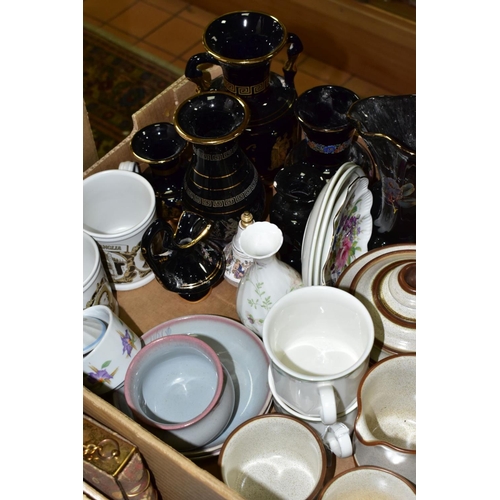 777 - A BOX OF CERAMICS AND GLASS, to include two Royal Doulton Caprice cups and saucers, two Coalport Can... 