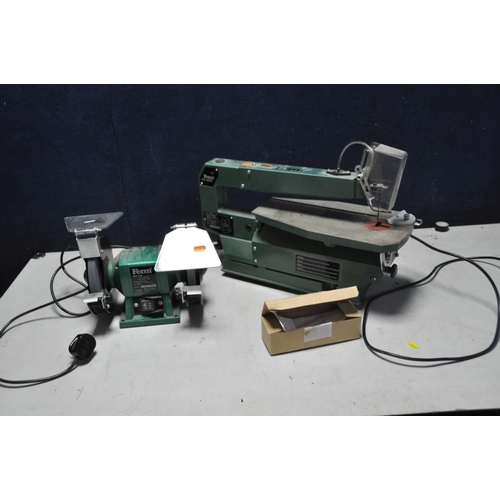 1256 - A FERM FFZ400N SCROLL SAW with a box of spare blade and mitre guide along with a Ferm FSM150 bench g... 