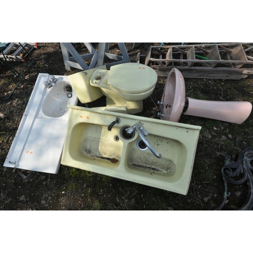 1105 - FOUR VARIOUS VINTAGE BATHROOM ITEMS, to include three sinks, and one toilet
