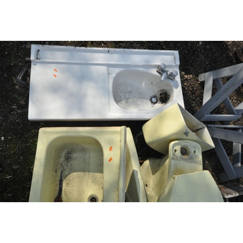 1105 - FOUR VARIOUS VINTAGE BATHROOM ITEMS, to include three sinks, and one toilet