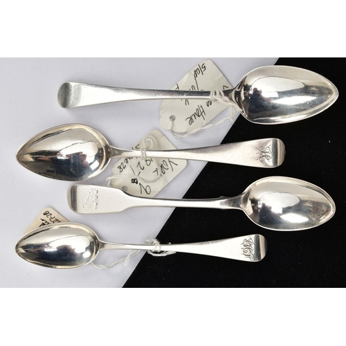 100 - FOUR SILVER TEASPOONS, to include two George IV, old English pattern spoons each with an engraved cr... 