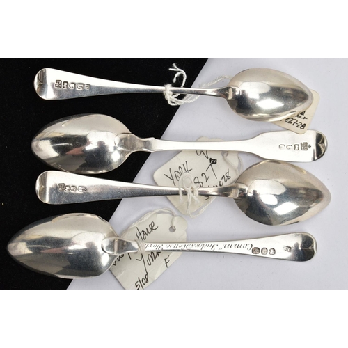 100 - FOUR SILVER TEASPOONS, to include two George IV, old English pattern spoons each with an engraved cr... 