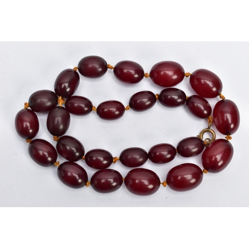 103 - A CHERRY AMBER BAKELITE BEAD NECKLACE, a single row of graduated oval beads, largest measuring appro... 