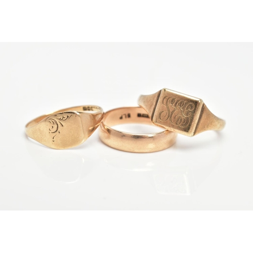 104 - THREE RINGS, the first a signet ring with engraved scrolling initials and personal engraving, stampe... 