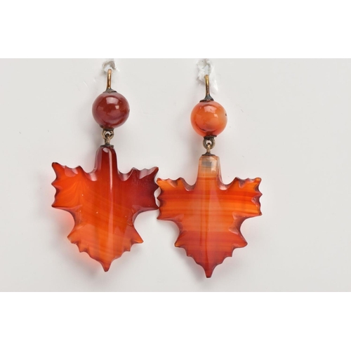 115 - A PAIR OF BANDED AGATE DROP EARRINGS, A YELLOW METAL RING AND TWO CLASPS, to include a pair of carve... 
