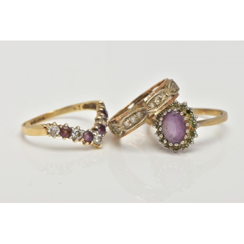 117 - TWO 9CT GOLD GEM SET RINGS AND ONE OTHER, the first a cluster ring centring on an oval cut amethyst ... 