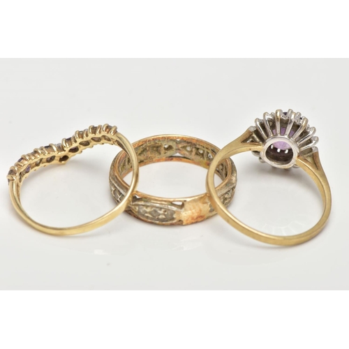 117 - TWO 9CT GOLD GEM SET RINGS AND ONE OTHER, the first a cluster ring centring on an oval cut amethyst ... 