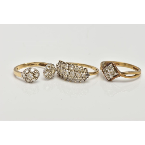 118 - THREE 9CT GOLD RINGS, the first designed with a square panel set with four single cut diamonds, cros... 