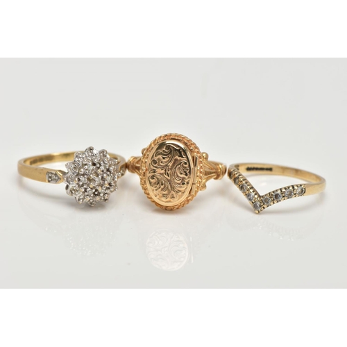 120 - THREE 9CT GOLD RINGS, the first a single cut diamond detailed cluster ring, stamped diamond weight 0... 