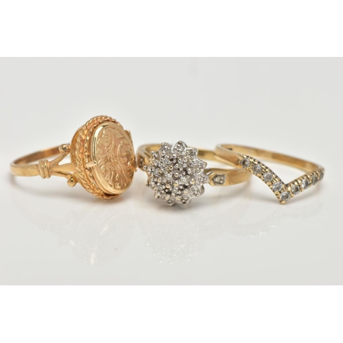 120 - THREE 9CT GOLD RINGS, the first a single cut diamond detailed cluster ring, stamped diamond weight 0... 