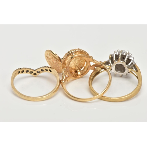 120 - THREE 9CT GOLD RINGS, the first a single cut diamond detailed cluster ring, stamped diamond weight 0... 