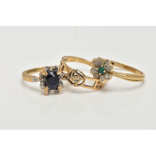 121 - THREE 9CT GOLD RINGS, the first set with an oval cut blue sapphire, within a floral surround set wit... 