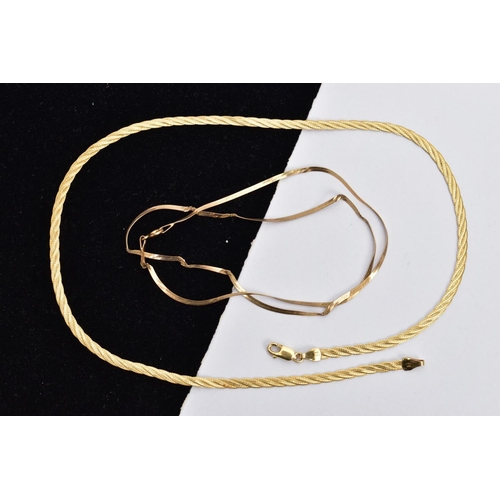 123 - TWO 9CT GOLD ARTICULATED CHAIN NECKLACES, the first a flat articulated plait chain, fitted with a lo... 