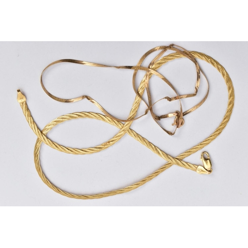 123 - TWO 9CT GOLD ARTICULATED CHAIN NECKLACES, the first a flat articulated plait chain, fitted with a lo... 