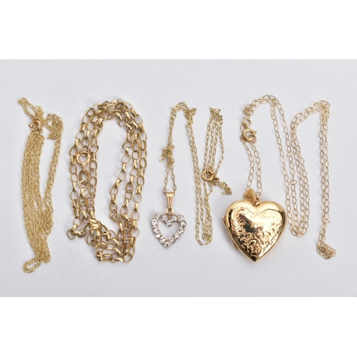 125 - FOUR NECKLACES, the first with a heart shaped locket, engraved floral design with the words 'I love ... 