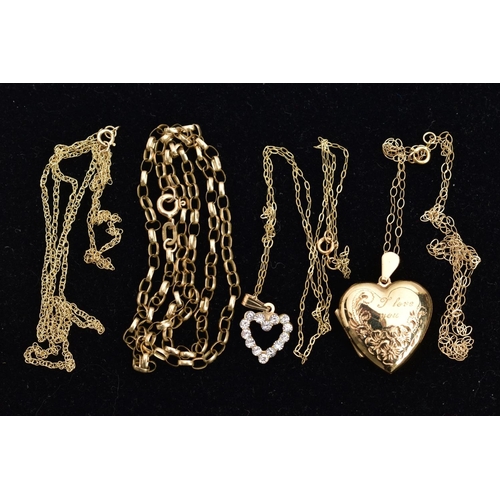 125 - FOUR NECKLACES, the first with a heart shaped locket, engraved floral design with the words 'I love ... 