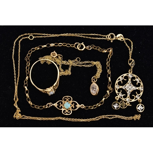 127 - A 9CT GOLD OPAL BRACELET AND RING WITH TWO PENDANTS WITH CHAINS, the fine belcher link bracelet fitt... 