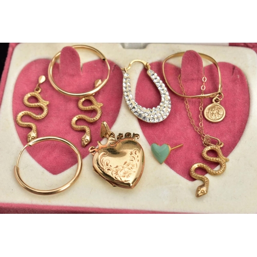 128 - A 9CT GOLD LOCKET, SNAKE PENDANT NECKLACE AND MATCHING EARRINGS, AND OTHER PIECES, the heart locket ... 