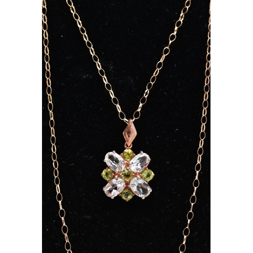 130 - A 9CT GOLD GEM SET PENDANT NECKLACE, the pendant set with four colourless oval cut topaz and five ci... 