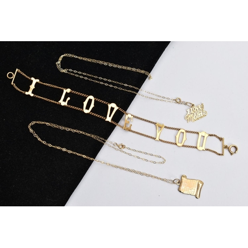 131 - A 9CT GOLD OPENWORK BRACELET AND TWO PENDANT NECKLACES, the bracelet designed with two curb link cha... 