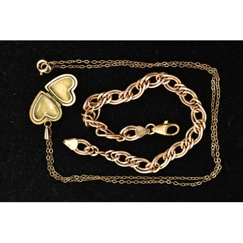 132 - A 9CT GOLD BRACELET AND A HEART LOCKET PENDANT NECKLACE, the double curb link bracelet, fitted with ... 