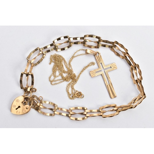 133 - A 9CT GOLD GATE BRACELET AND A CROSS PENDANT NECKLACE, the gate bracelet designed with alternating t... 