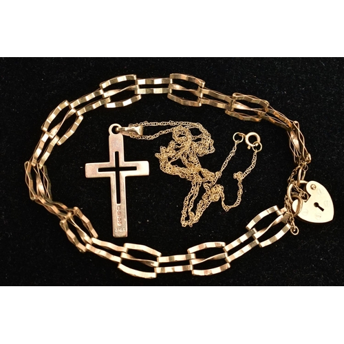 133 - A 9CT GOLD GATE BRACELET AND A CROSS PENDANT NECKLACE, the gate bracelet designed with alternating t... 