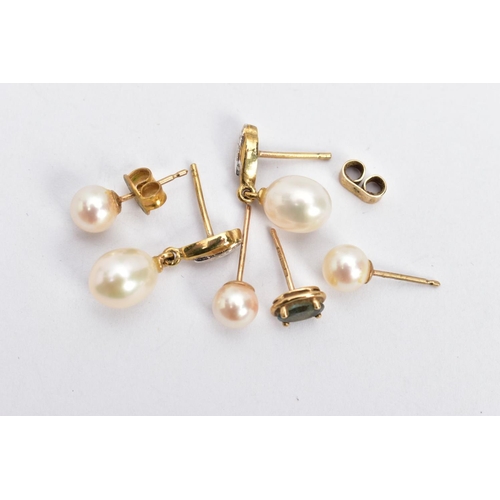 134 - A PAIR OF CULTURED PEARL DROP EARRINGS AND OTHERS, baroque cultured drop earrings, fitted with yello... 