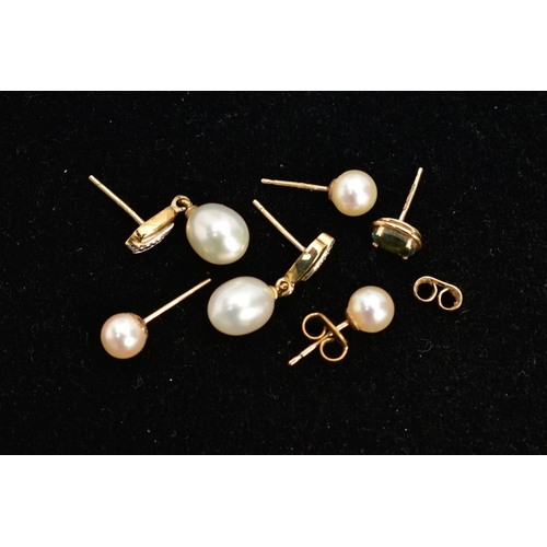 134 - A PAIR OF CULTURED PEARL DROP EARRINGS AND OTHERS, baroque cultured drop earrings, fitted with yello... 