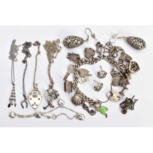 135 - A BAG OF ASSORTED SILVER AND WHITE METAL JEWELLERY, to include a charm bracelet fitted with various ... 