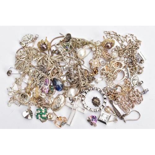 136 - A BAG OF ASSORTED SILVER AND WHITE METAL JEWELLERY, to include a white metal belcher link charm brac... 