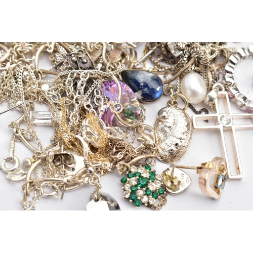 136 - A BAG OF ASSORTED SILVER AND WHITE METAL JEWELLERY, to include a white metal belcher link charm brac... 