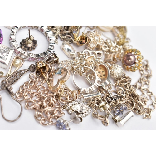 136 - A BAG OF ASSORTED SILVER AND WHITE METAL JEWELLERY, to include a white metal belcher link charm brac... 