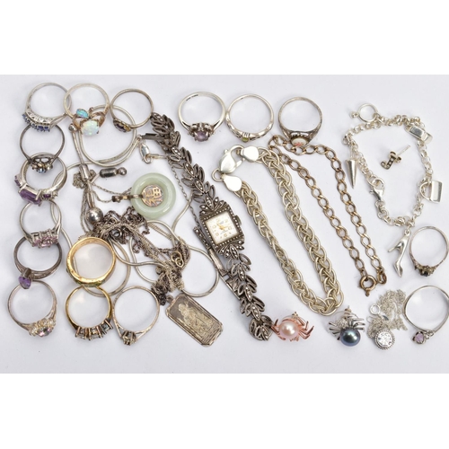 137 - A BAG OF ASSORTED SILVER AND WHITE METAL JEWELLERY AND A BOXED LADYS WRISTWATCH, to include a silver... 