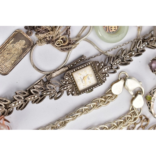 137 - A BAG OF ASSORTED SILVER AND WHITE METAL JEWELLERY AND A BOXED LADYS WRISTWATCH, to include a silver... 