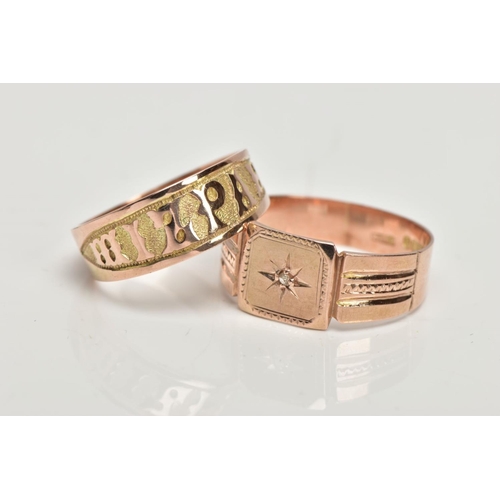 139 - TWO 9CT GOLD RINGS, a rose gold signet ring set with a single old cut diamond in a star setting, lea... 