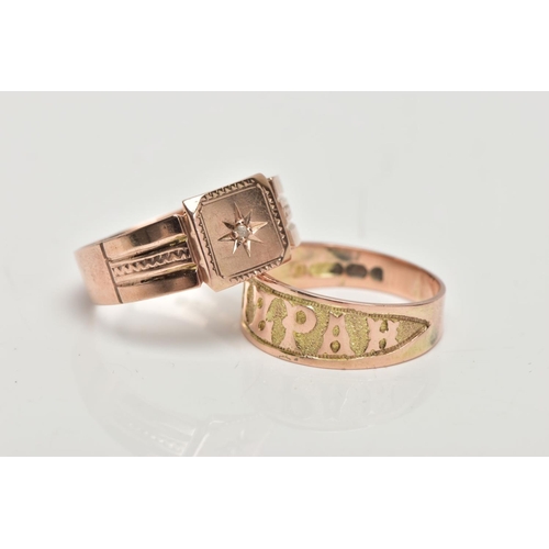 139 - TWO 9CT GOLD RINGS, a rose gold signet ring set with a single old cut diamond in a star setting, lea... 