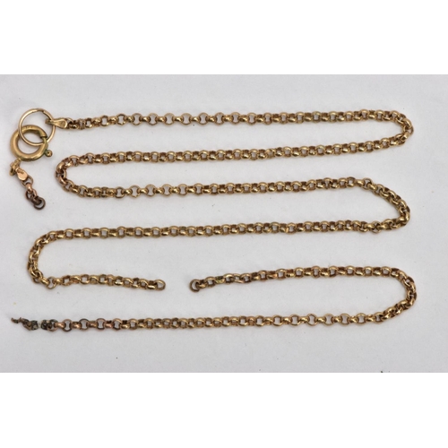14 - AN AF YELLOW METAL CHAIN, a Rolo link belcher chain, fitted with a spring clasp, approximate length ... 