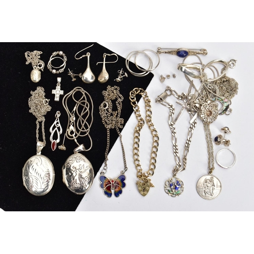 150 - AN ASSORTMENT OF SILVER AND WHITE METAL JEWELLERY, to include a Celtic brooch set with lapis lazuli,... 