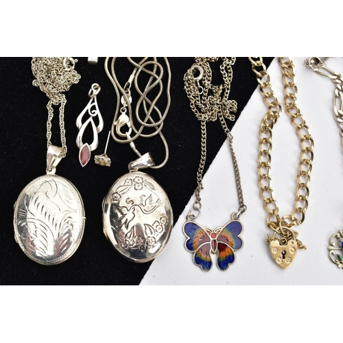 150 - AN ASSORTMENT OF SILVER AND WHITE METAL JEWELLERY, to include a Celtic brooch set with lapis lazuli,... 