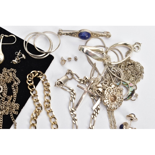 150 - AN ASSORTMENT OF SILVER AND WHITE METAL JEWELLERY, to include a Celtic brooch set with lapis lazuli,... 